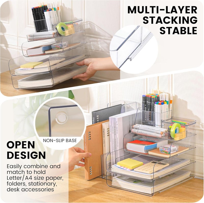 CiWiVOKi Desk Organizer with 2 Vertical File Holder, 4 Tier Stackable Paper Letter Tray File Organizer with 5-Compartments Pen Holder, Clear Desktop Organizer Office Organization and Storage - Image 4